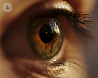 A macroshot of an eye. The person's eye is focusing on something in the distance.