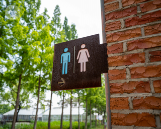 A blue and pink toilet sign for women and men.